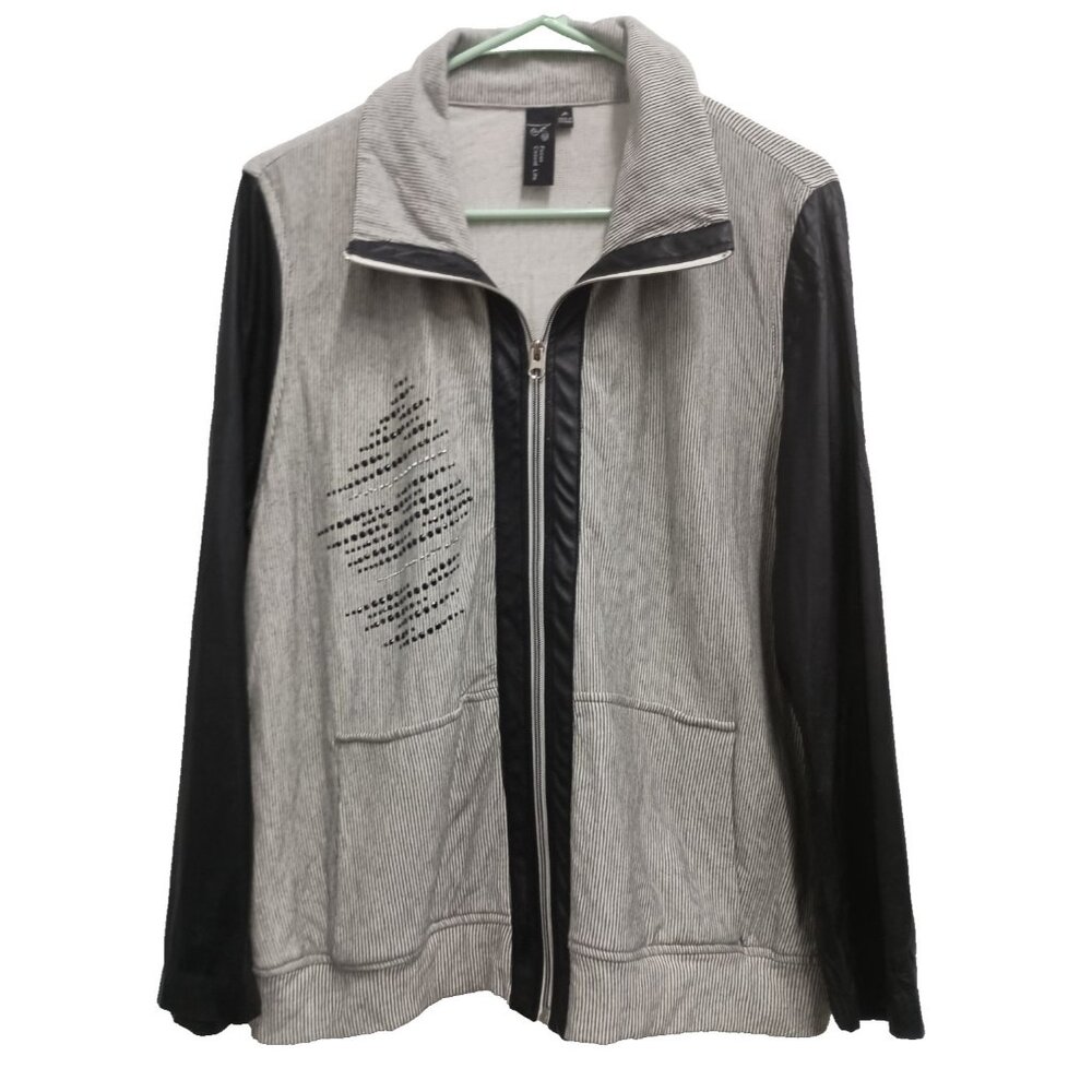 Focus Casual Life Womens Jacket Medium Gray Black Rhinestone Lagenlook Artsy